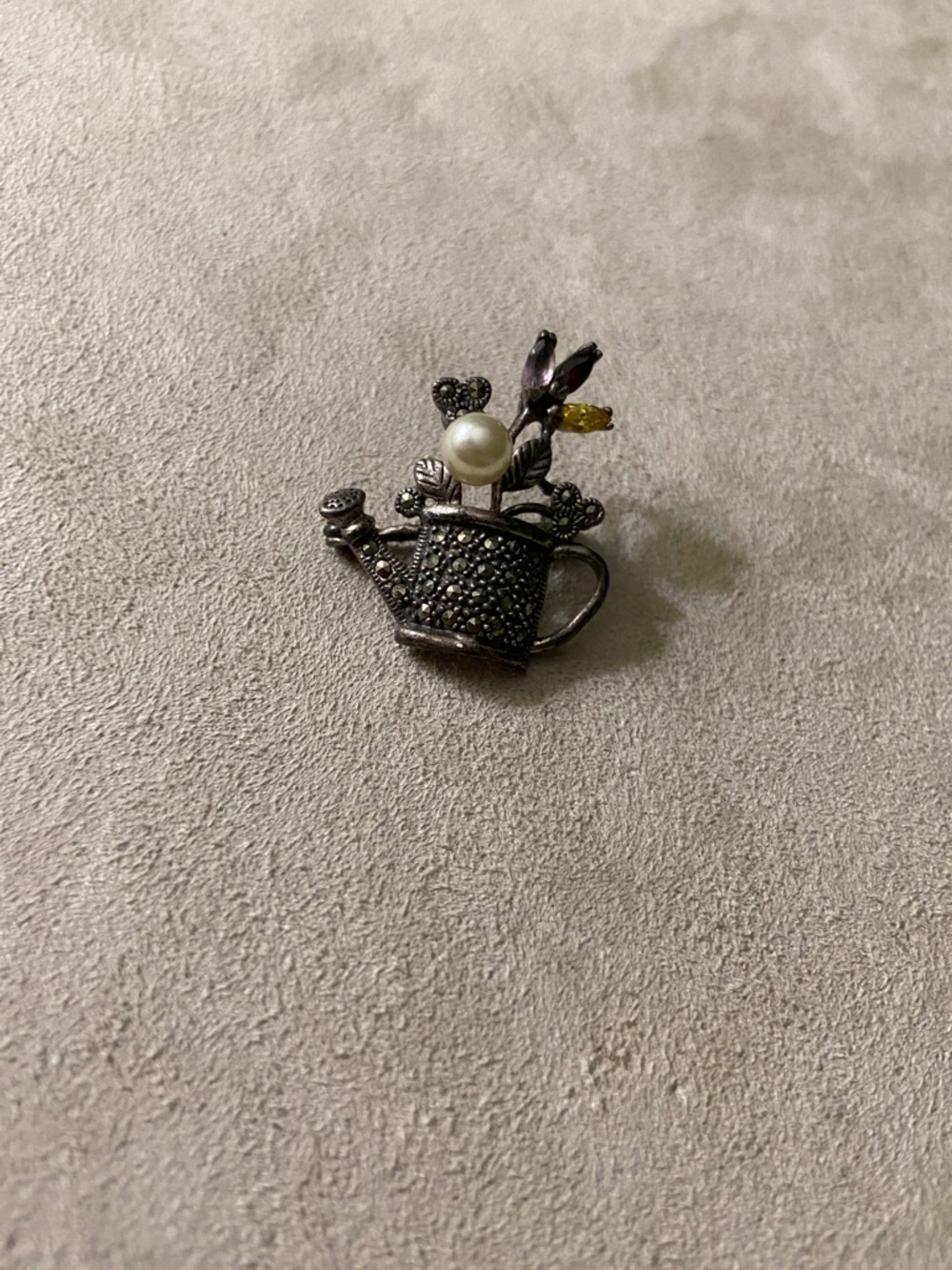 Vintage Silver Watering Can Brooch with Pearl and Colored Gemstones accents